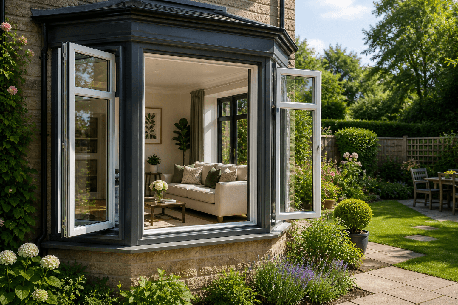 Bay windows opening onto garden