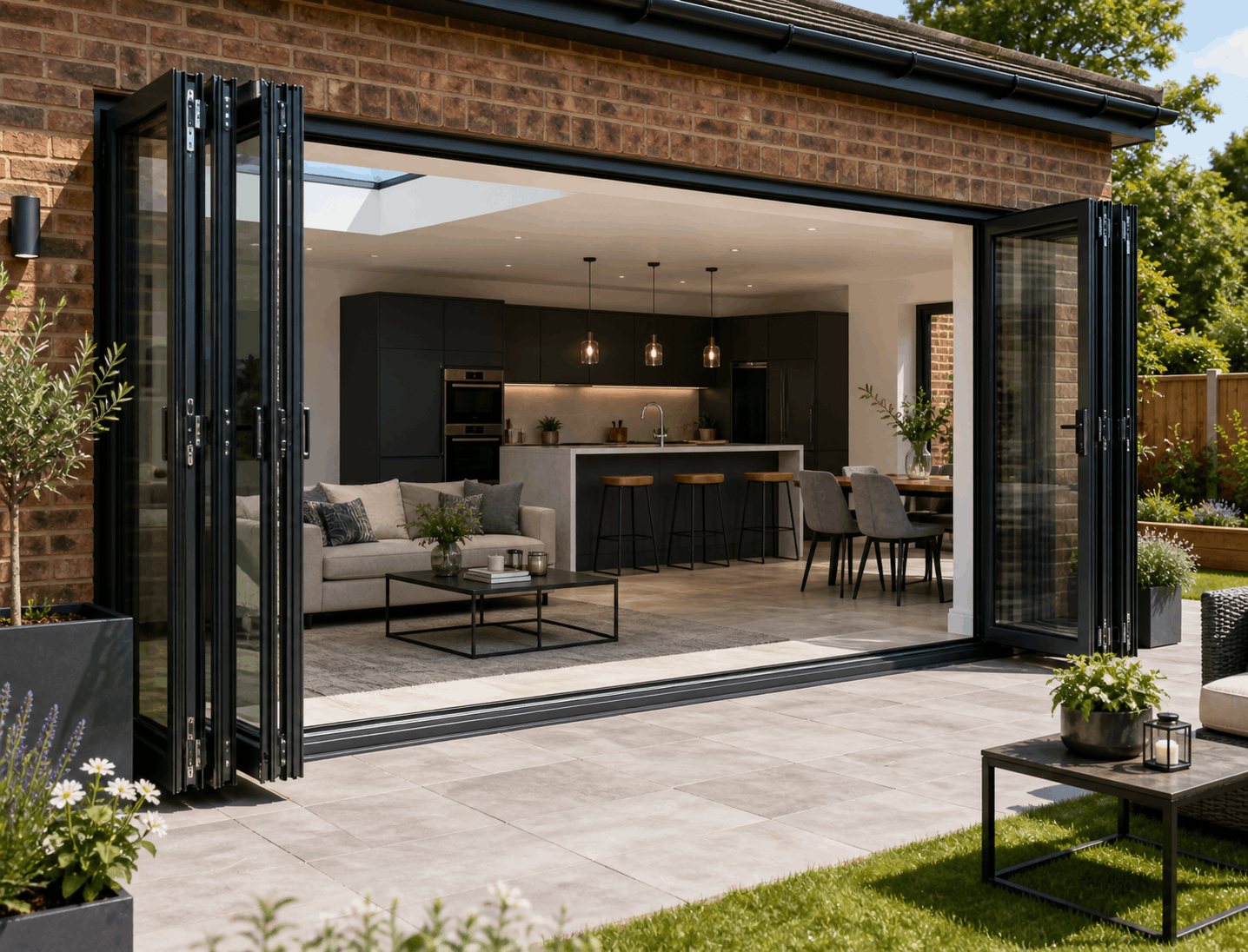 Aluminium bifold doors fully open connecting living room to garden in Essex