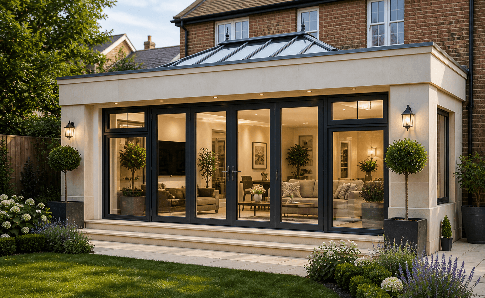 Modern orangery with solid parapet walls