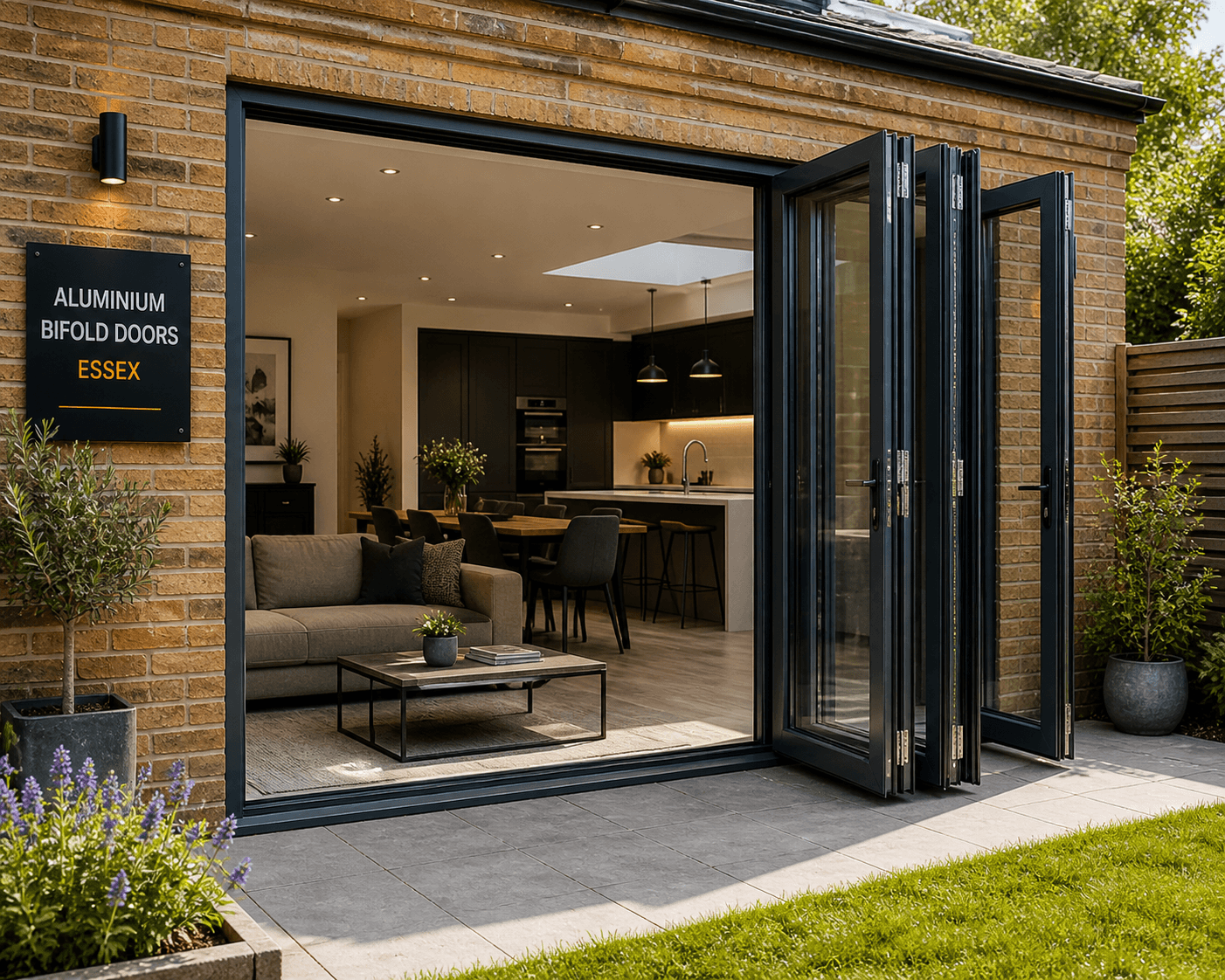 Aluminium bifold doors opening onto garden in Essex